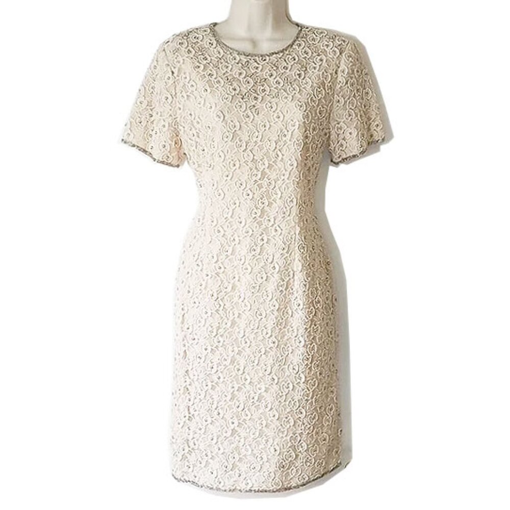 Vintage Stenay Pearl Beaded Lace Sheath Dress 10P Blush Cream Ivory Gold